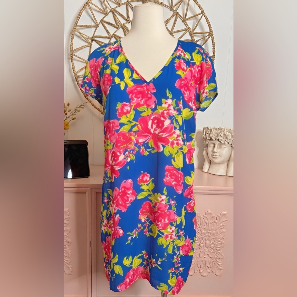 Mabel Medium Floral V-Neck‎ Dress in Blue and Pink